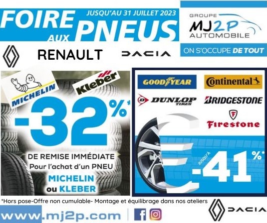 Promotions sur les pneus dans les agences RENAULT du Groupe MJ2P Automobile